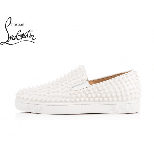 Roller-Boat Mens Flat Low Tops shoes - White/White Leather, Louboutin sale